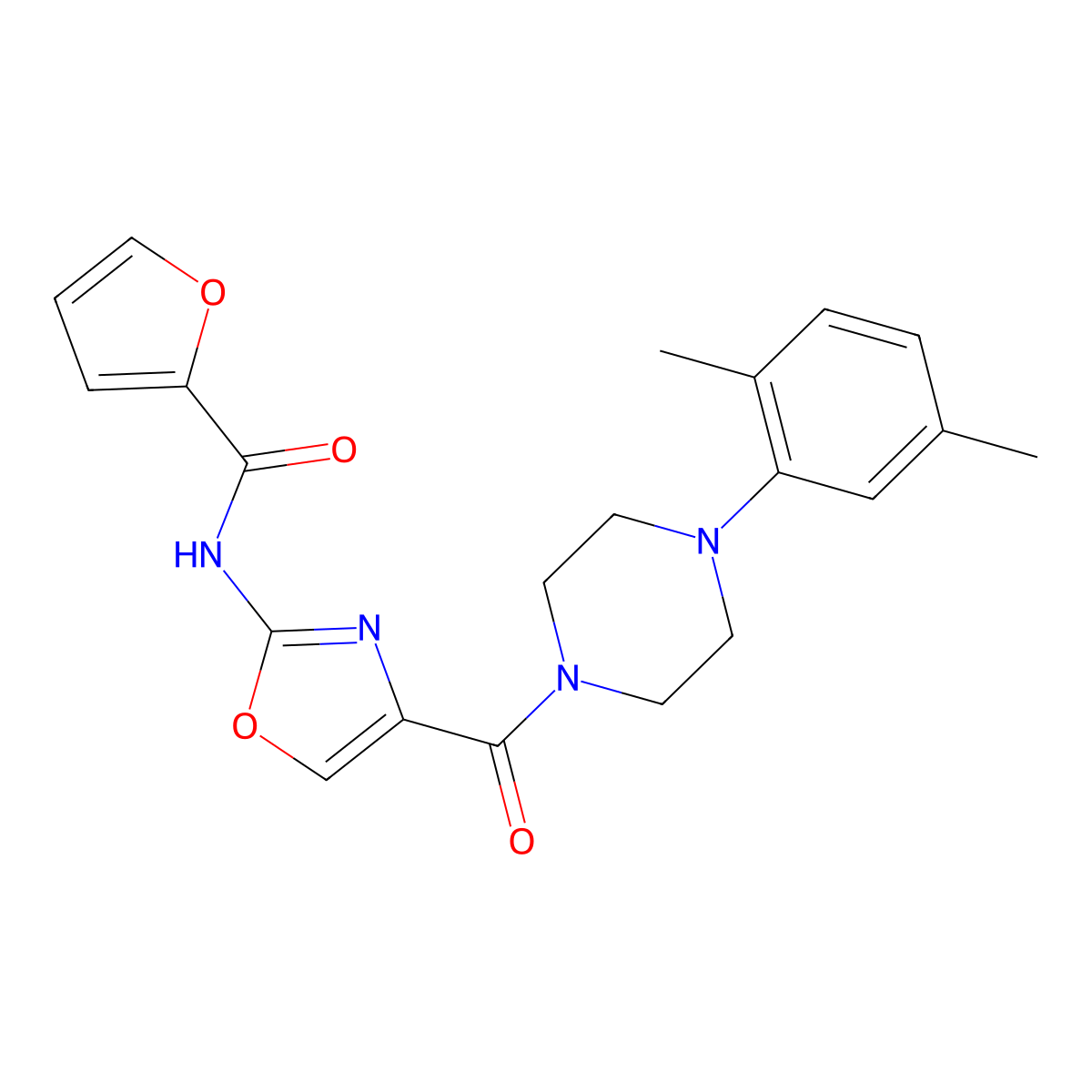 N-(4-(4-(2,5-dimethylphenyl)piperazine-1-carbonyl)oxazol-2-yl)furan-2-carboxamide molecular structure, CAS 1286714-90-6
