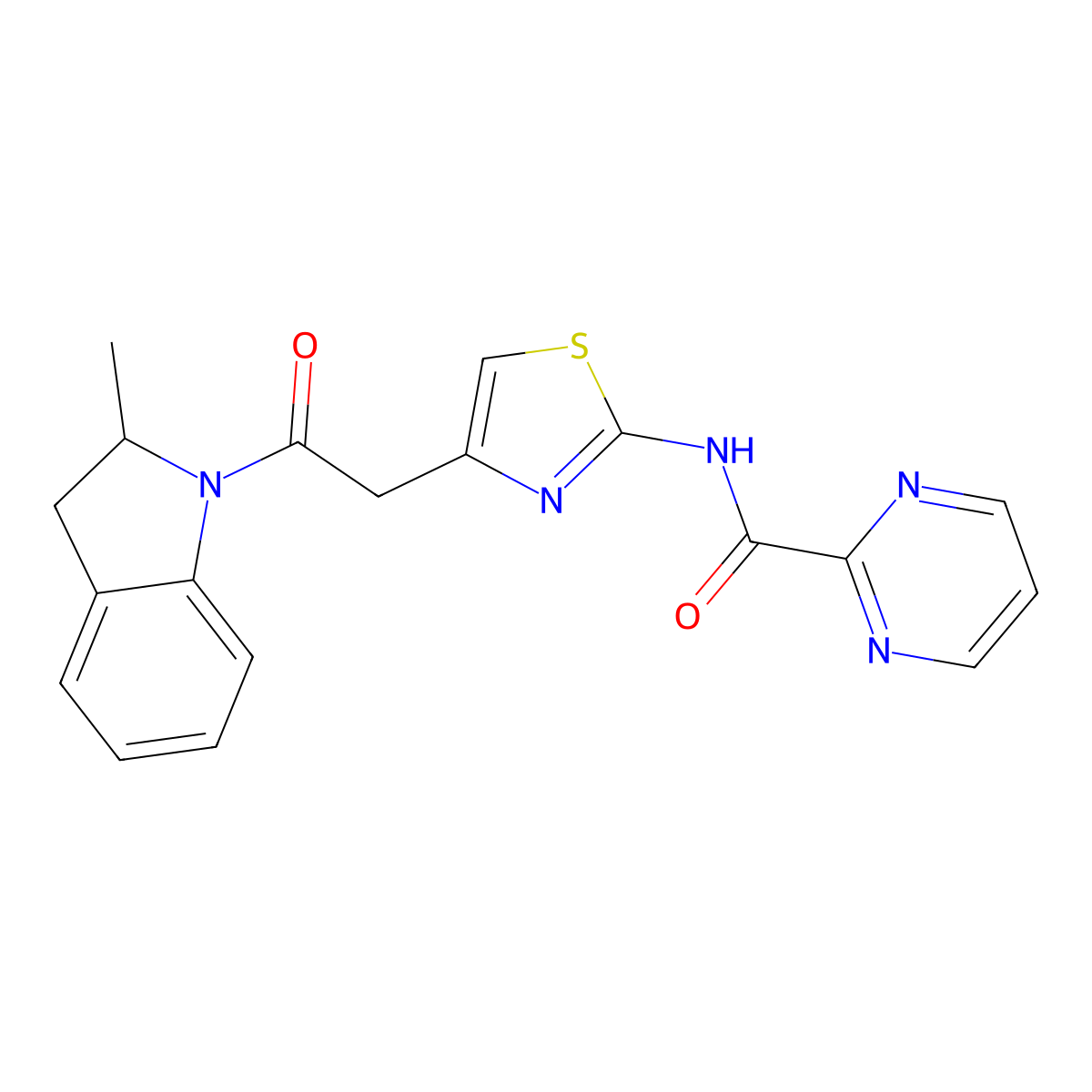 N-(4-(2-(2-methylindolin-1-yl)-2-oxoethyl)thiazol-2-yl)pyrimidine-2-carboxamide molecular structure, CAS 1286716-88-8