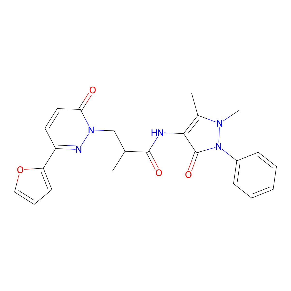 N-(1,5-dimethyl-3-oxo-2-phenyl-2,3-dihydro-1H-pyrazol-4-yl)-3-(3-(furan-2-yl)-6-oxopyridazin-1(6H)-yl)-2-methylpropanamide molecular structure, CAS 1286717-33-6