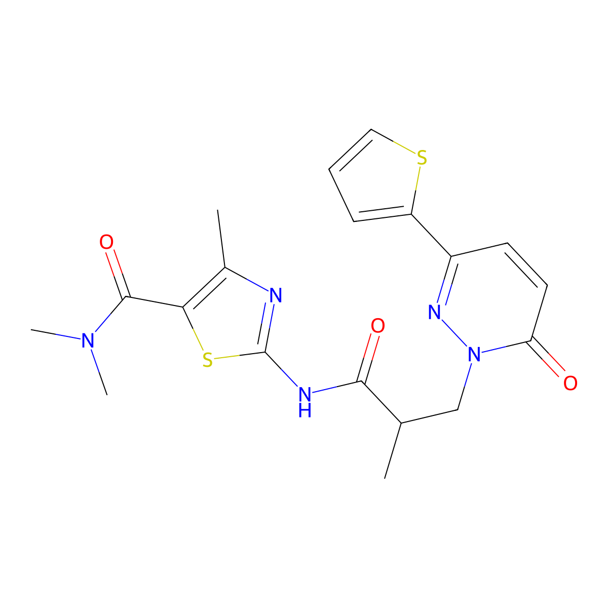 N,N,4-trimethyl-2-(2-methyl-3-(6-oxo-3-(thiophen-2-yl)pyridazin-1(6H)-yl)propanamido)thiazole-5-carboxamide molecular structure, CAS 1286717-37-0
