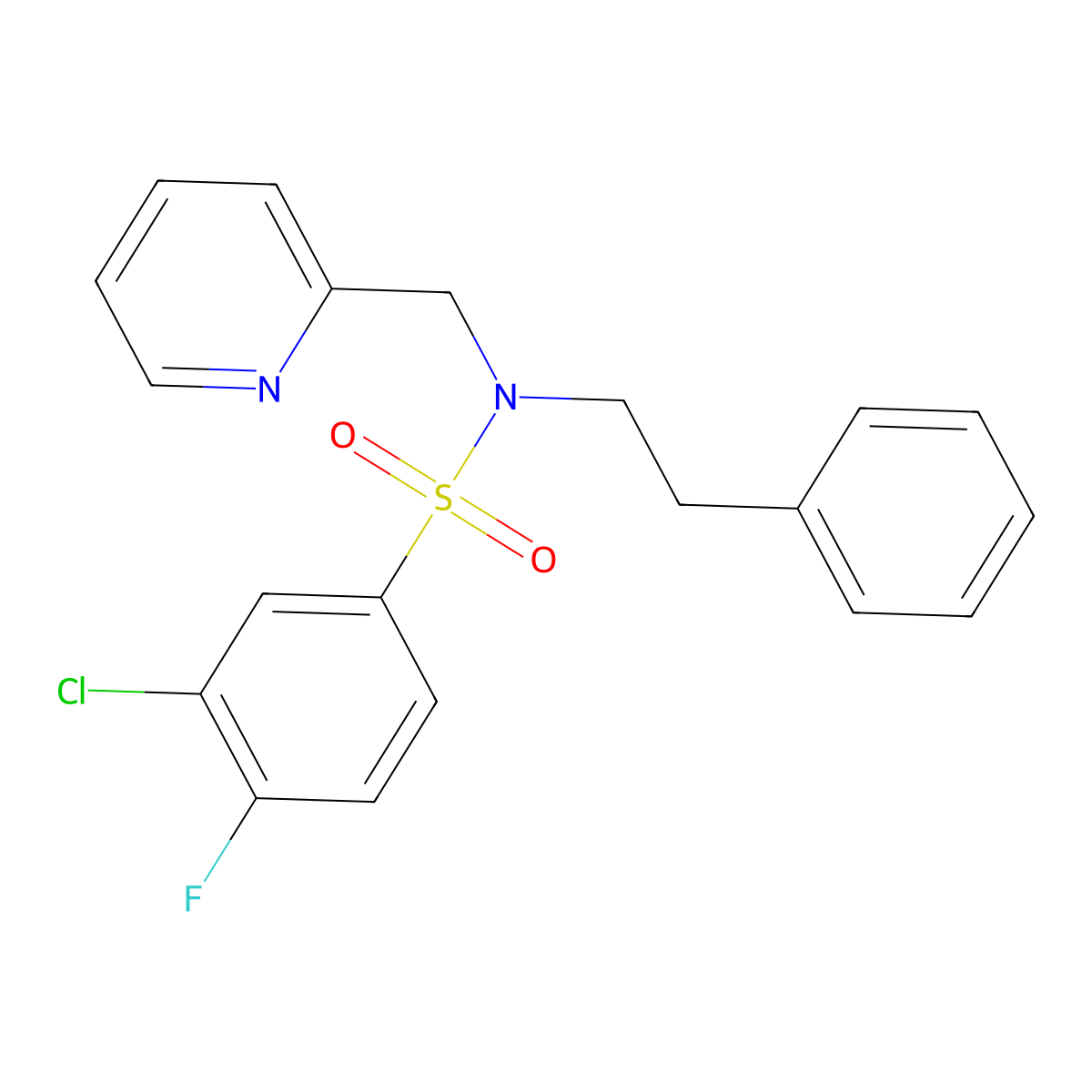 3-chloro-4-fluoro-N-phenethyl-N-(pyridin-2-ylmethyl)benzenesulfonamide molecular structure, CAS 1286717-41-6