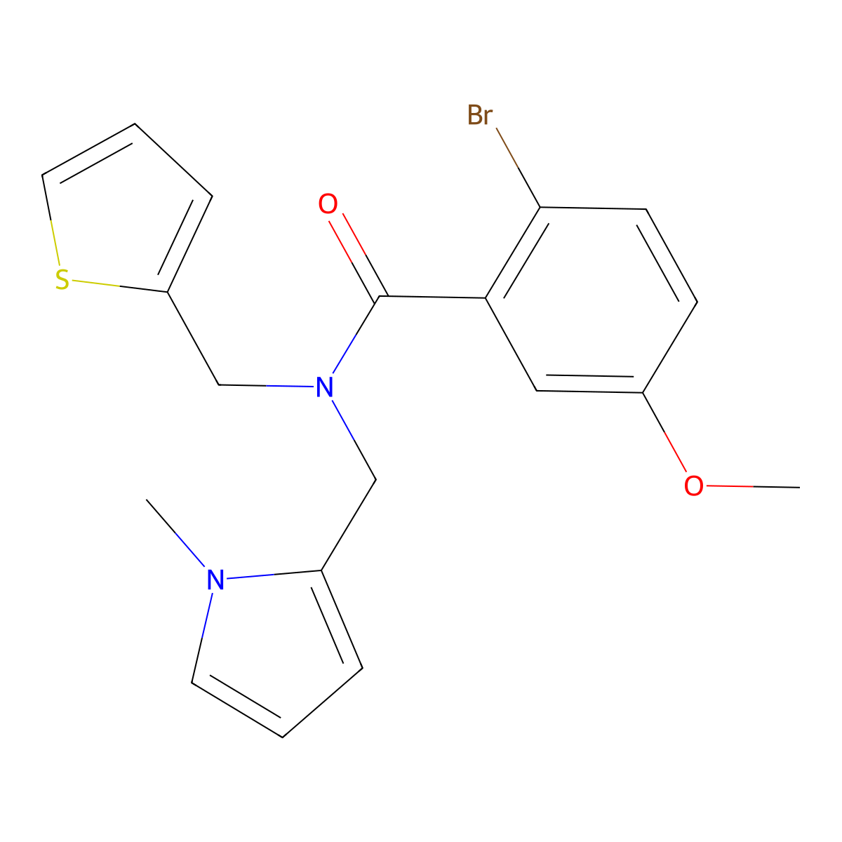 2-bromo-5-methoxy-N-((1-methyl-1H-pyrrol-2-yl)methyl)-N-(thiophen-2-ylmethyl)benzamide molecular structure, CAS 1286717-59-6