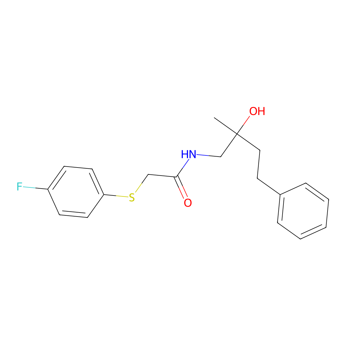 2-((4-fluorophenyl)thio)-N-(2-hydroxy-2-methyl-4-phenylbutyl)acetamide molecular structure, CAS 1286717-66-5