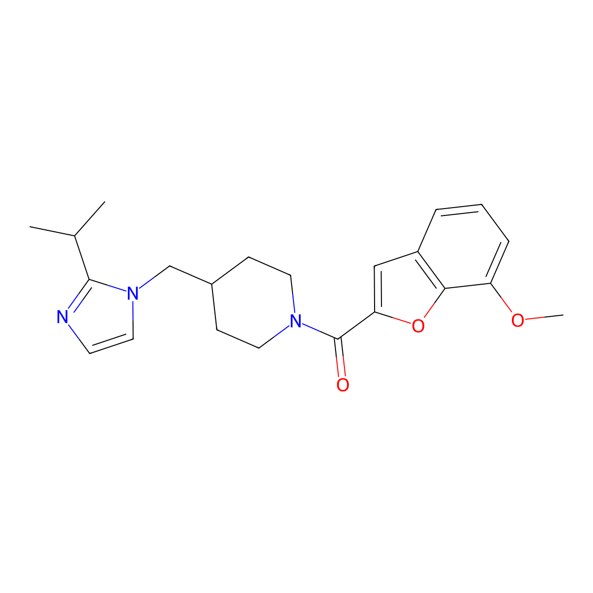 (4-((2-isopropyl-1H-imidazol-1-yl)methyl)piperidin-1-yl)(7-methoxybenzofuran-2-yl)methanone molecular structure, CAS 1286717-80-3