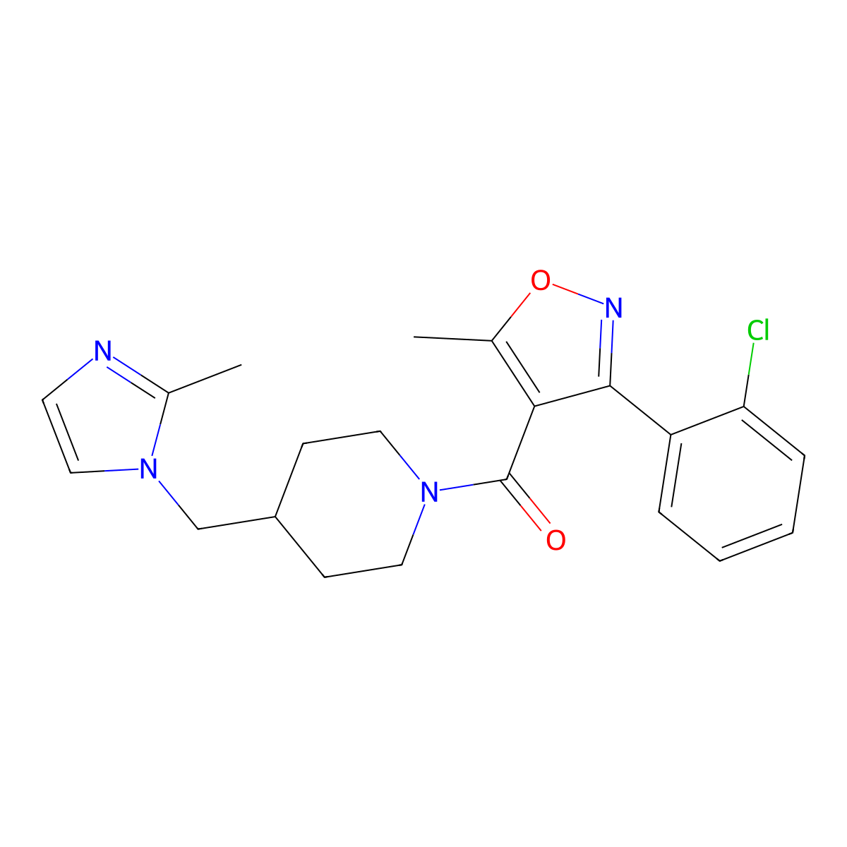 (3-(2-chlorophenyl)-5-methylisoxazol-4-yl)(4-((2-methyl-1H-imidazol-1-yl)methyl)piperidin-1-yl)methanone molecular structure, CAS 1286717-82-5