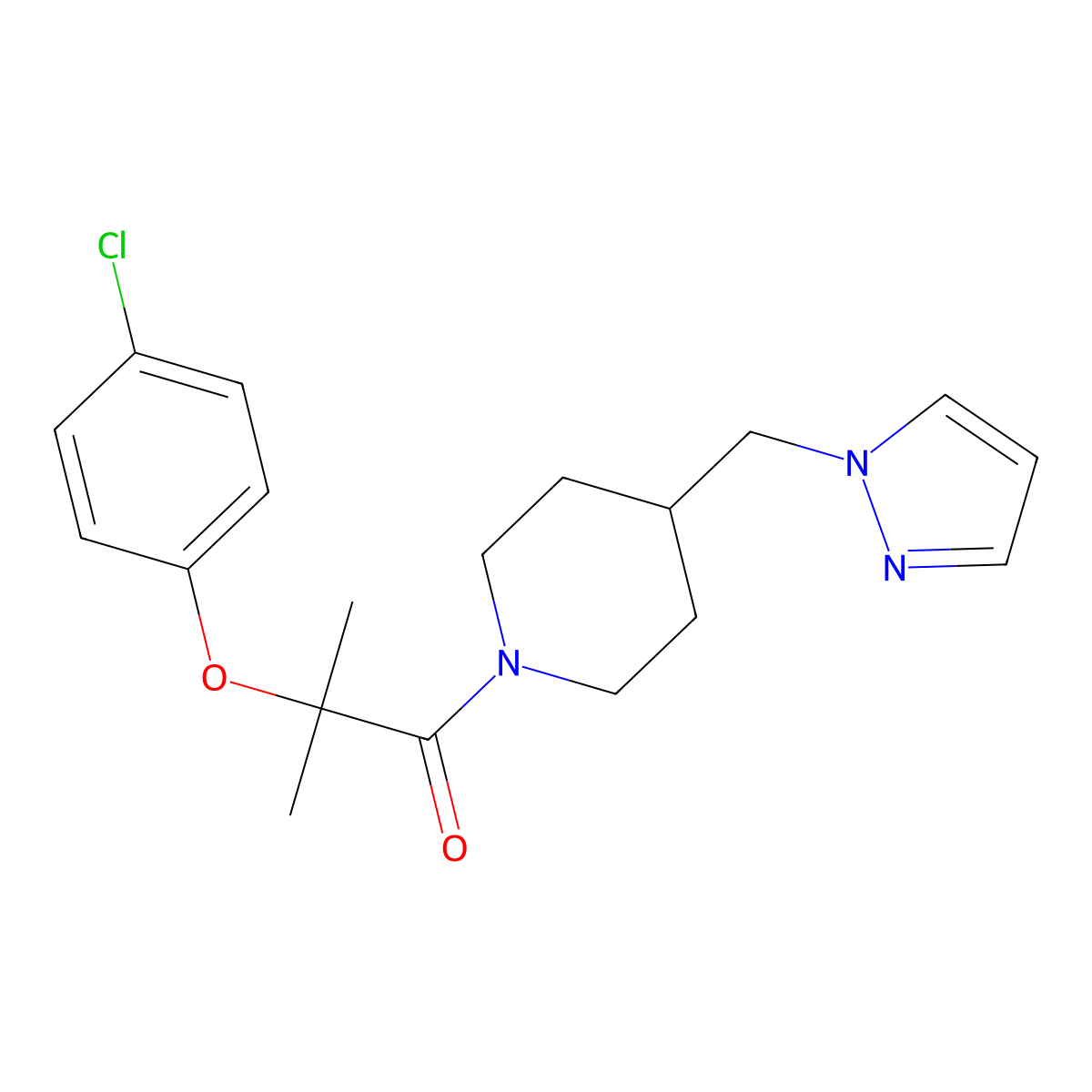 1-(4-((1H-pyrazol-1-yl)methyl)piperidin-1-yl)-2-(4-chlorophenoxy)-2-methylpropan-1-one molecular structure, CAS 1286717-83-6