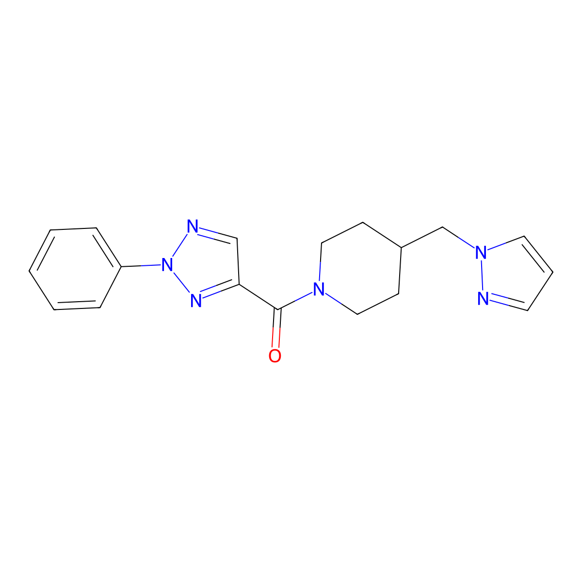 (4-((1H-pyrazol-1-yl)methyl)piperidin-1-yl)(2-phenyl-2H-1,2,3-triazol-4-yl)methanone molecular structure, CAS 1286717-85-8