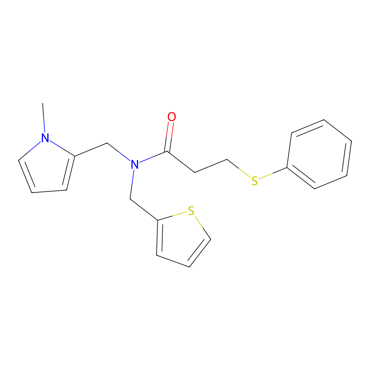 N-((1-methyl-1H-pyrrol-2-yl)methyl)-3-(phenylthio)-N-(thiophen-2-ylmethyl)propanamide molecular structure, CAS 1286718-30-6