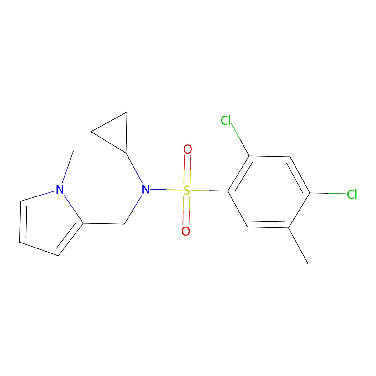 2,4-dichloro-N-cyclopropyl-5-methyl-N-((1-methyl-1H-pyrrol-2-yl)methyl)benzenesulfonamide molecular structure, CAS 1286718-32-8