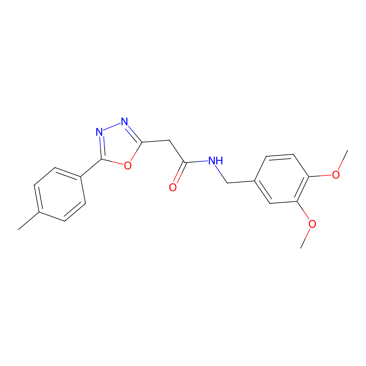 N-(3,4-dimethoxybenzyl)-2-(5-(p-tolyl)-1,3,4-oxadiazol-2-yl)acetamide molecular structure, CAS 1286718-48-6