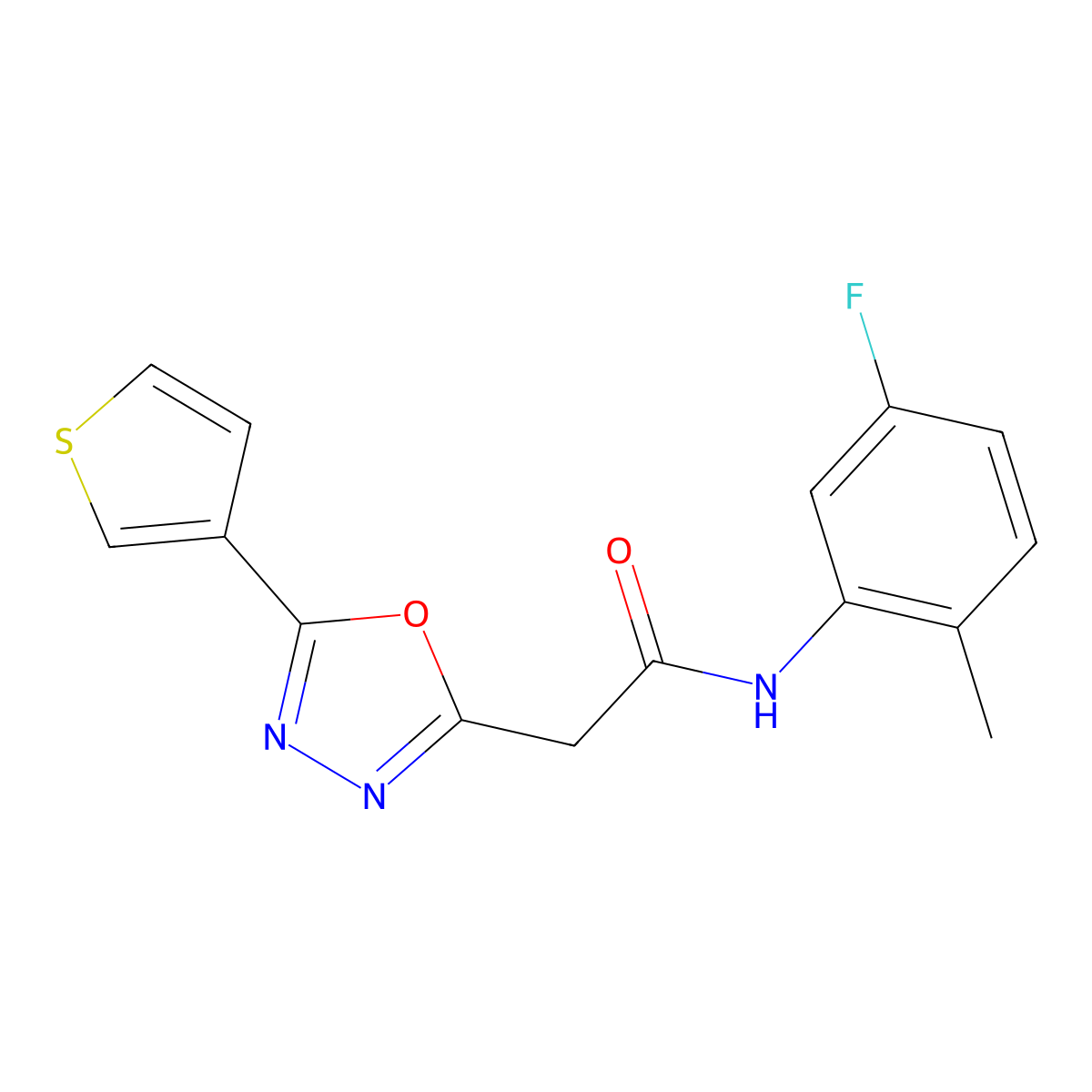 N-(5-fluoro-2-methylphenyl)-2-[5-(thiophen-3-yl)-1,3,4-oxadiazol-2-yl]acetamide molecular structure, CAS 1286718-53-3