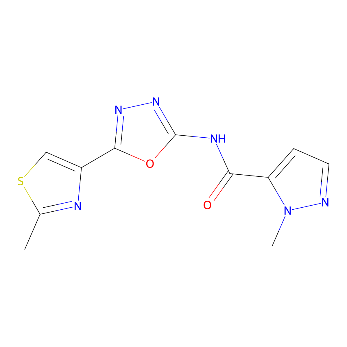 1-methyl-N-(5-(2-methylthiazol-4-yl)-1,3,4-oxadiazol-2-yl)-1H-pyrazole-5-carboxamide molecular structure, CAS 1286718-54-4