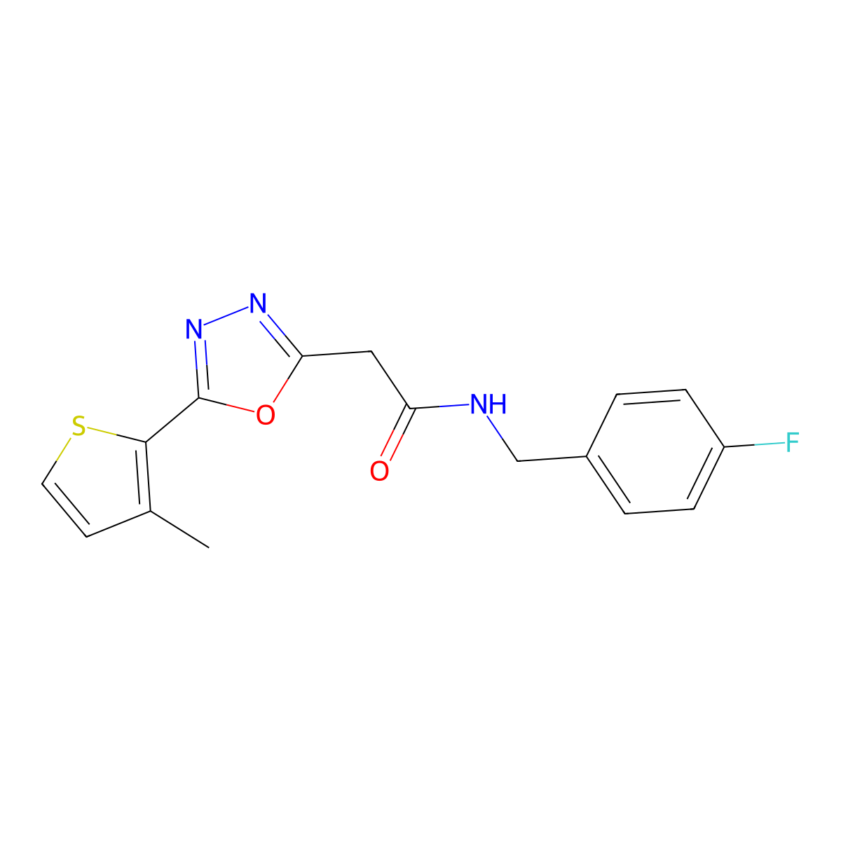 N-(4-fluorobenzyl)-2-(5-(3-methylthiophen-2-yl)-1,3,4-oxadiazol-2-yl)acetamide molecular structure, CAS 1286718-56-6