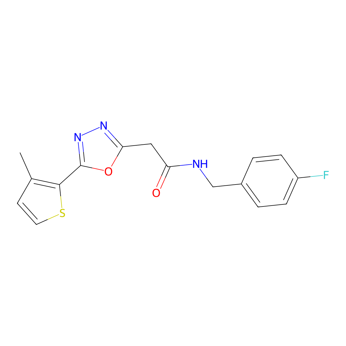 N-(4-fluorobenzyl)-2-(5-(3-methylthiophen-2-yl)-1,3,4-oxadiazol-2-yl)acetamide molecular structure, CAS 1286718-56-6