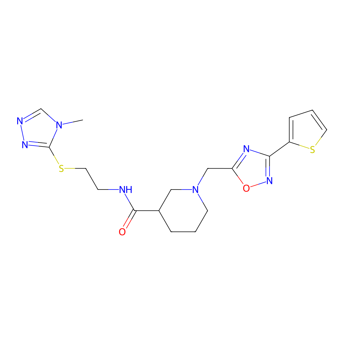 N-(2-((4-methyl-4H-1,2,4-triazol-3-yl)thio)ethyl)-1-((3-(thiophen-2-yl)-1,2,4-oxadiazol-5-yl)methyl)piperidine-3-carboxamide molecular structure, CAS 1286718-62-4