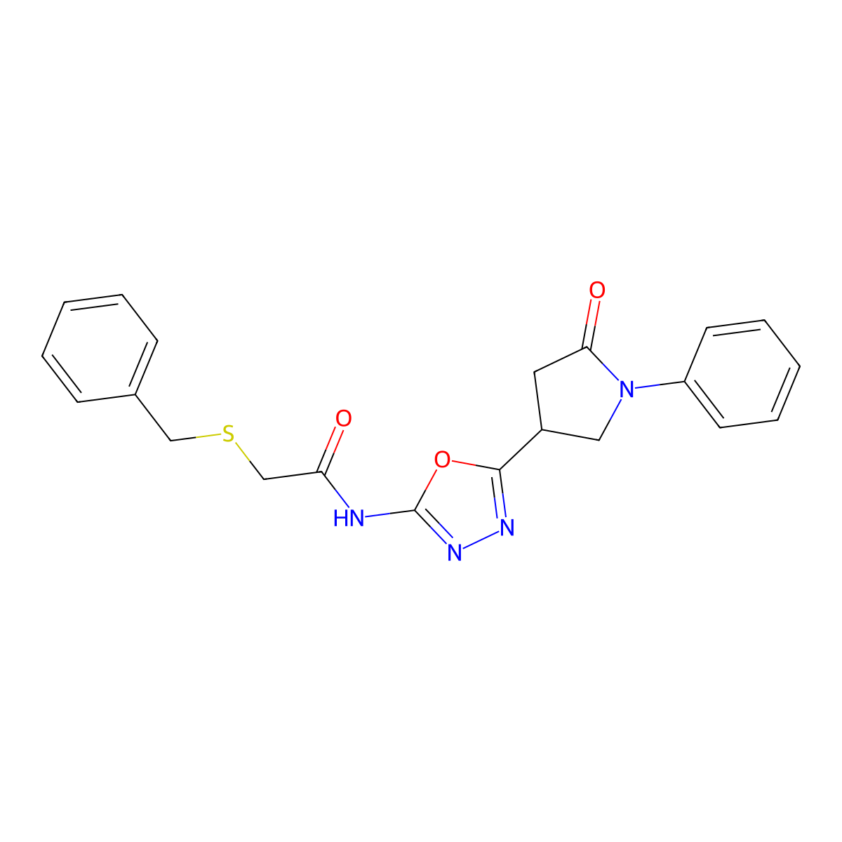 2-(benzylthio)-N-(5-(5-oxo-1-phenylpyrrolidin-3-yl)-1,3,4-oxadiazol-2-yl)acetamide molecular structure, CAS 1286718-63-5