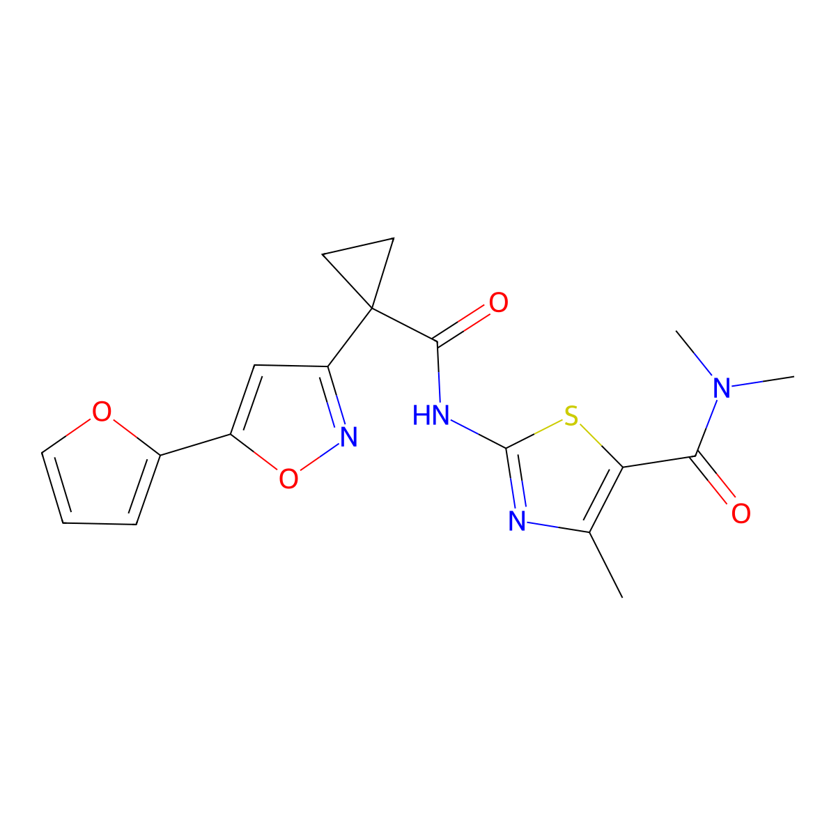 2-(1-(5-(furan-2-yl)isoxazol-3-yl)cyclopropanecarboxamido)-N,N,4-trimethylthiazole-5-carboxamide molecular structure, CAS 1286718-64-6