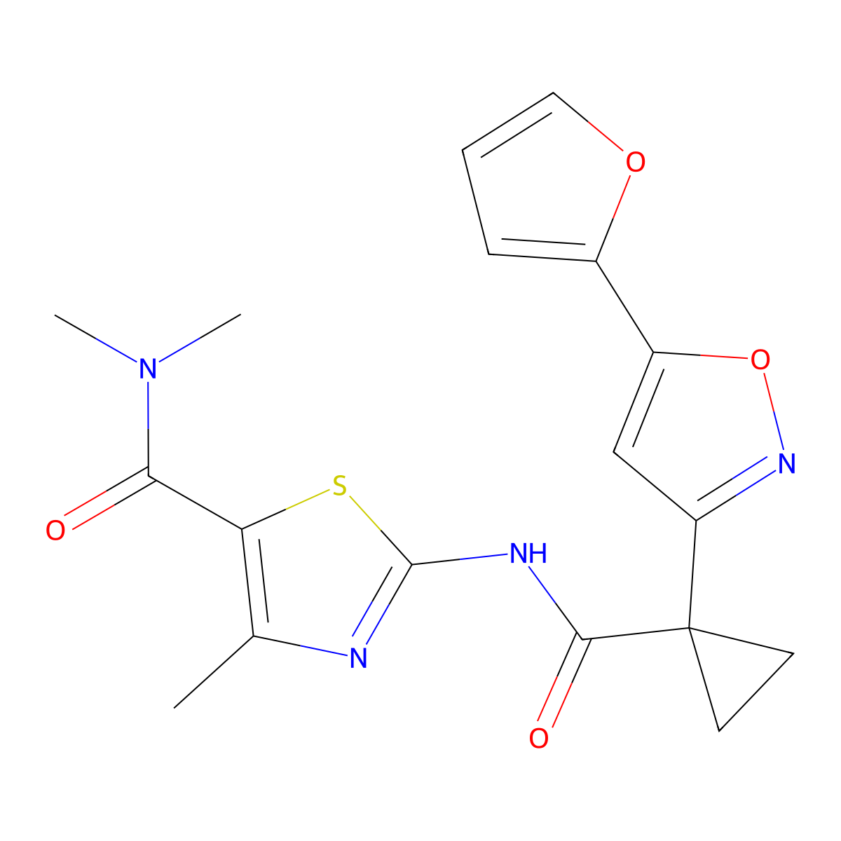 2-(1-(5-(furan-2-yl)isoxazol-3-yl)cyclopropanecarboxamido)-N,N,4-trimethylthiazole-5-carboxamide molecular structure, CAS 1286718-64-6