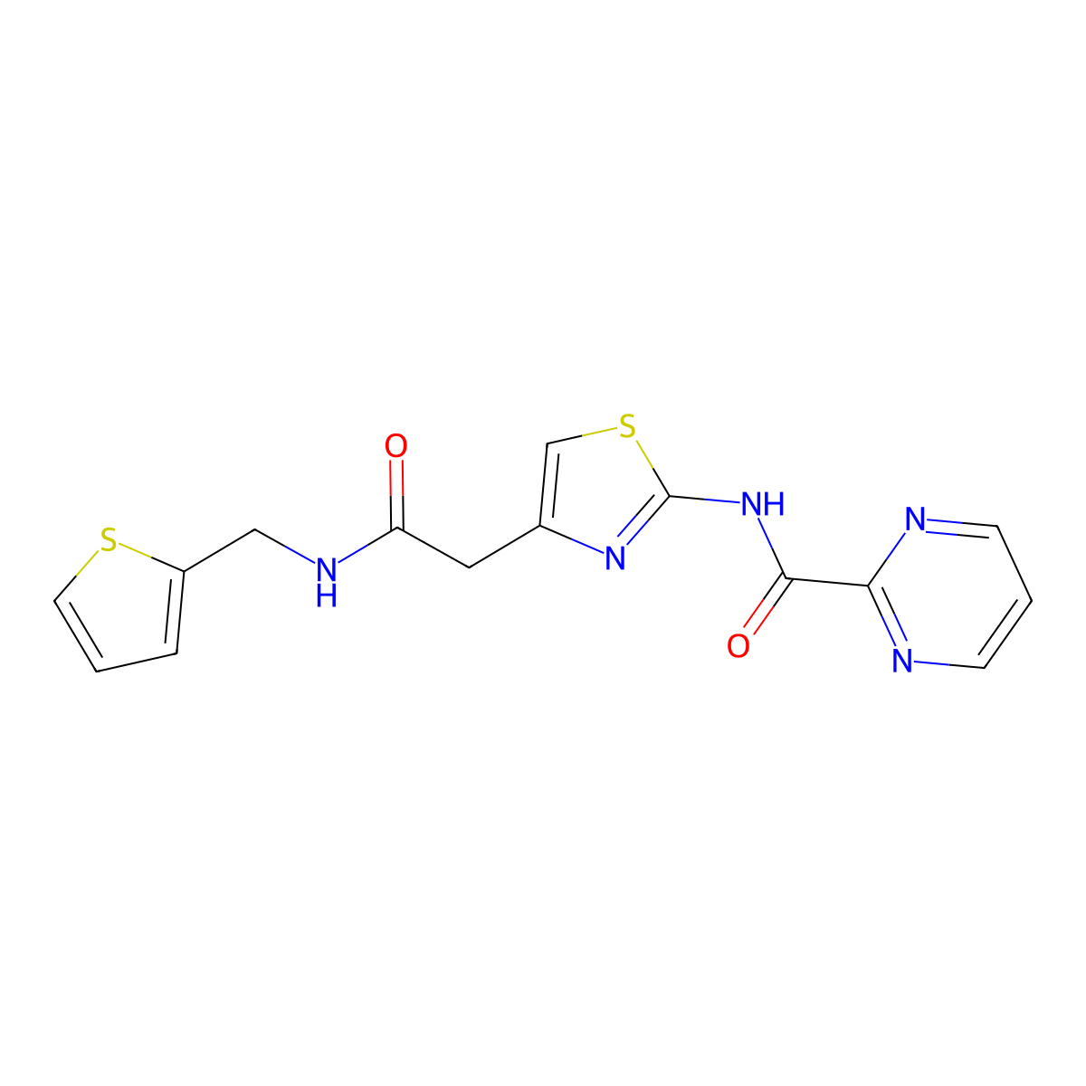 N-(4-(2-oxo-2-((thiophen-2-ylmethyl)amino)ethyl)thiazol-2-yl)pyrimidine-2-carboxamide molecular structure, CAS 1286718-73-7