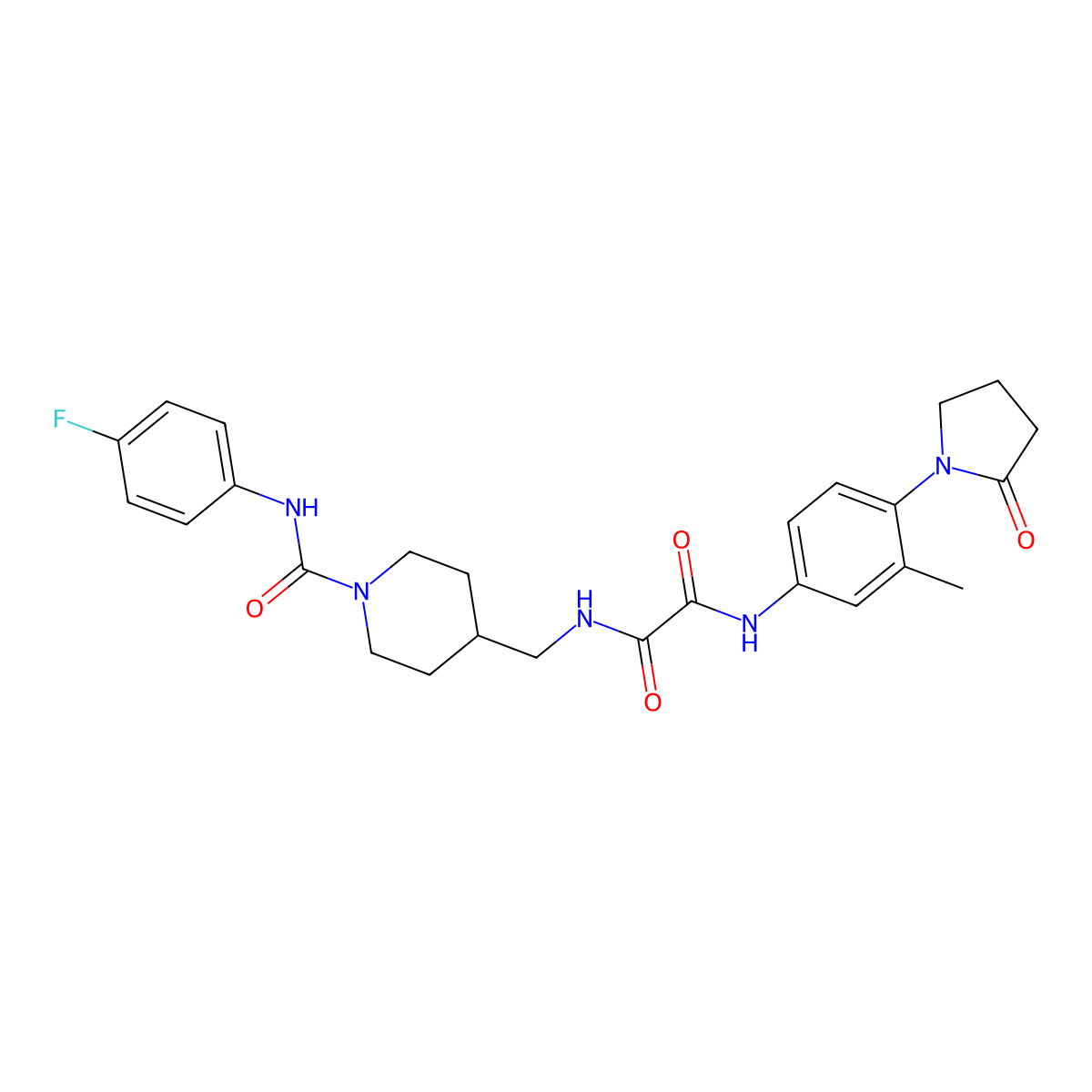 N1-((1-((4-fluorophenyl)carbamoyl)piperidin-4-yl)methyl)-N2-(3-methyl-4-(2-oxopyrrolidin-1-yl)phenyl)oxalamide molecular structure, CAS 1286718-74-8