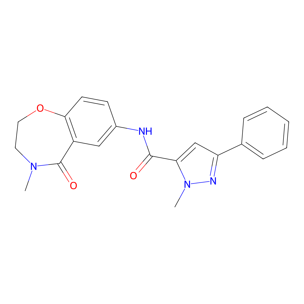 1-methyl-N-(4-methyl-5-oxo-2,3,4,5-tetrahydro-1,4-benzoxazepin-7-yl)-3-phenyl-1H-pyrazole-5-carboxamide molecular structure, CAS 1286718-75-9