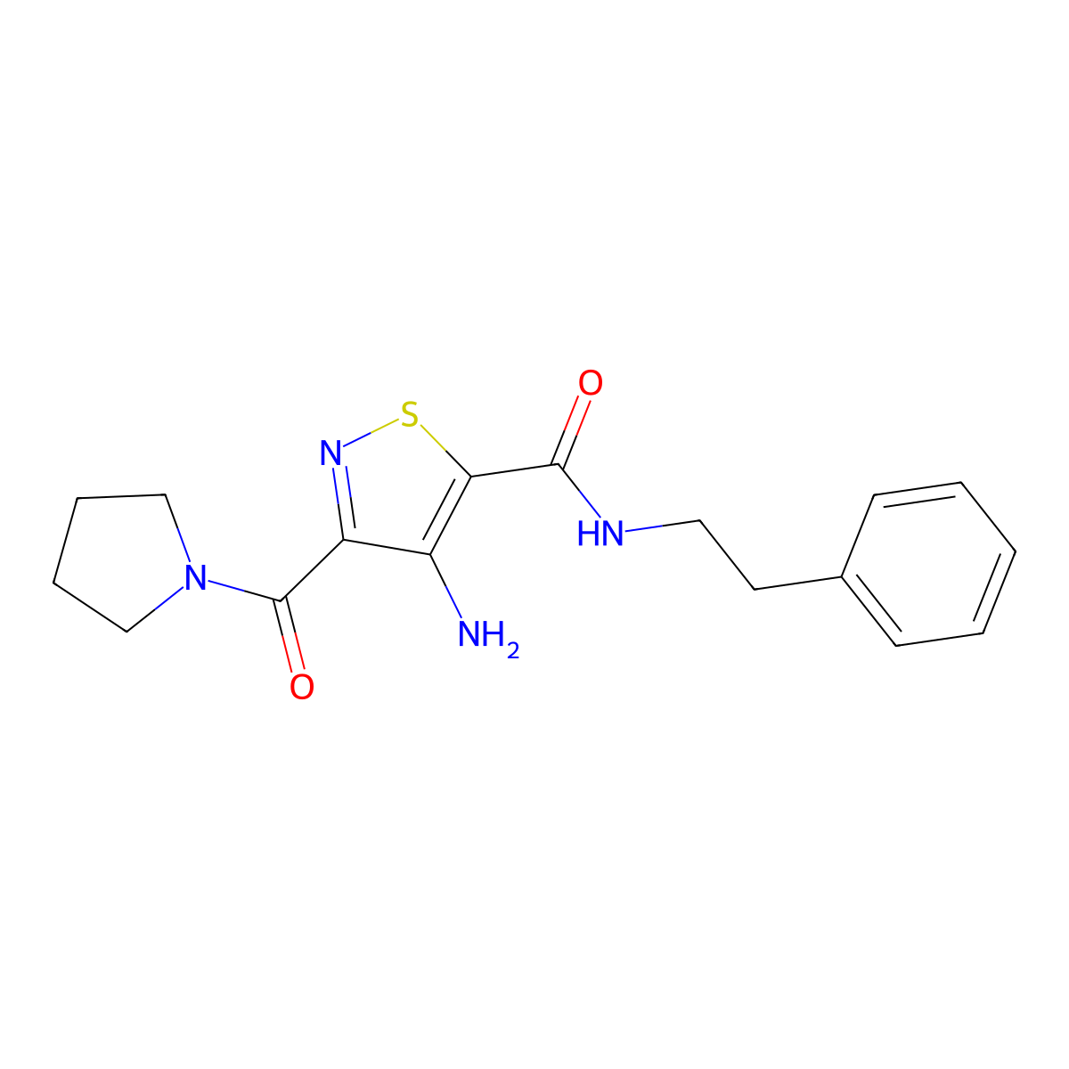 4-amino-N-phenethyl-3-(pyrrolidine-1-carbonyl)isothiazole-5-carboxamide molecular structure, CAS 1286718-94-2