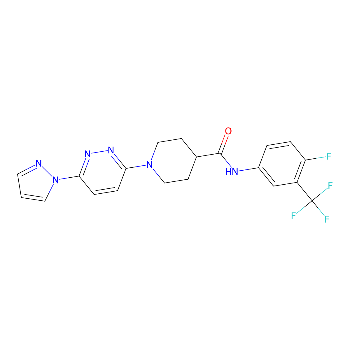 1-(6-(1H-pyrazol-1-yl)pyridazin-3-yl)-N-(4-fluoro-3-(trifluoromethyl)phenyl)piperidine-4-carboxamide molecular structure, CAS 1286719-01-4
