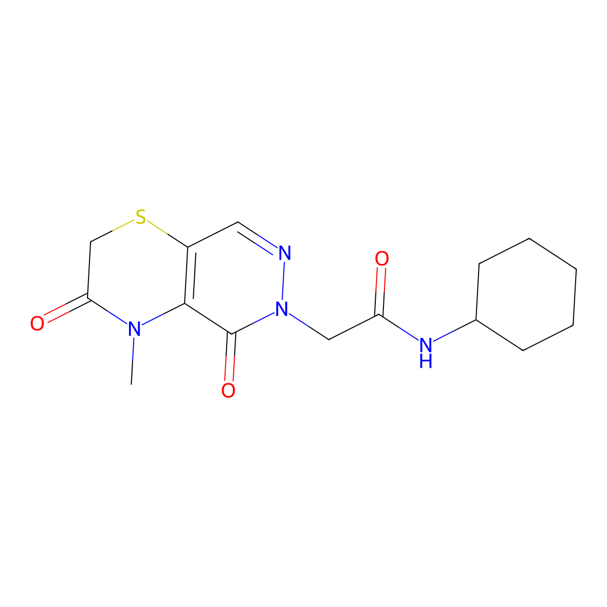 N-cyclohexyl-2-(4-methyl-3,5-dioxo-3,4-dihydro-2H-pyridazino[4,5-b][1,4]thiazin-6(5H)-yl)acetamide molecular structure, CAS 1286719-50-3