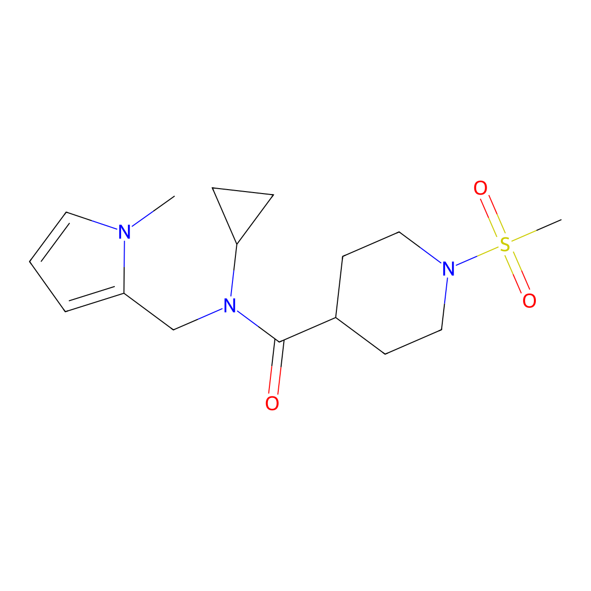 N-cyclopropyl-N-((1-methyl-1H-pyrrol-2-yl)methyl)-1-(methylsulfonyl)piperidine-4-carboxamide molecular structure, CAS 1286719-59-2