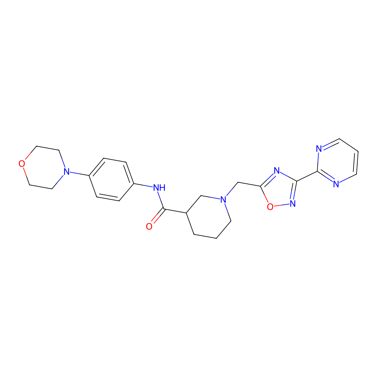N-(4-morpholinophenyl)-1-((3-(pyrimidin-2-yl)-1,2,4-oxadiazol-5-yl)methyl)piperidine-3-carboxamide molecular structure, CAS 1286719-66-1