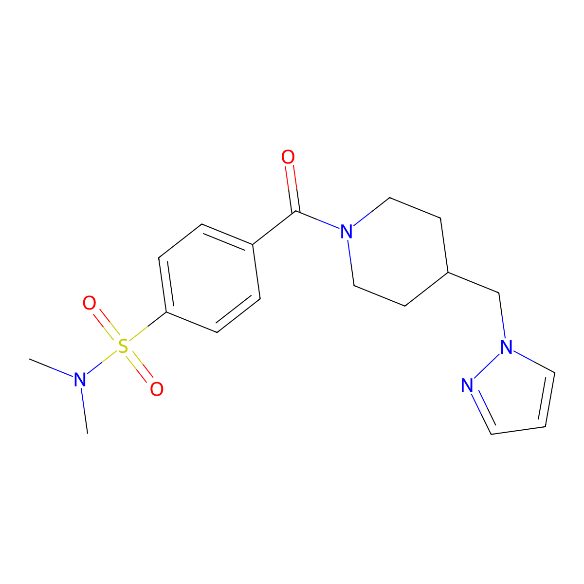 N,N-dimethyl-4-{4-[(1H-pyrazol-1-yl)methyl]piperidine-1-carbonyl}benzene-1-sulfonamide molecular structure, CAS 1286720-19-1