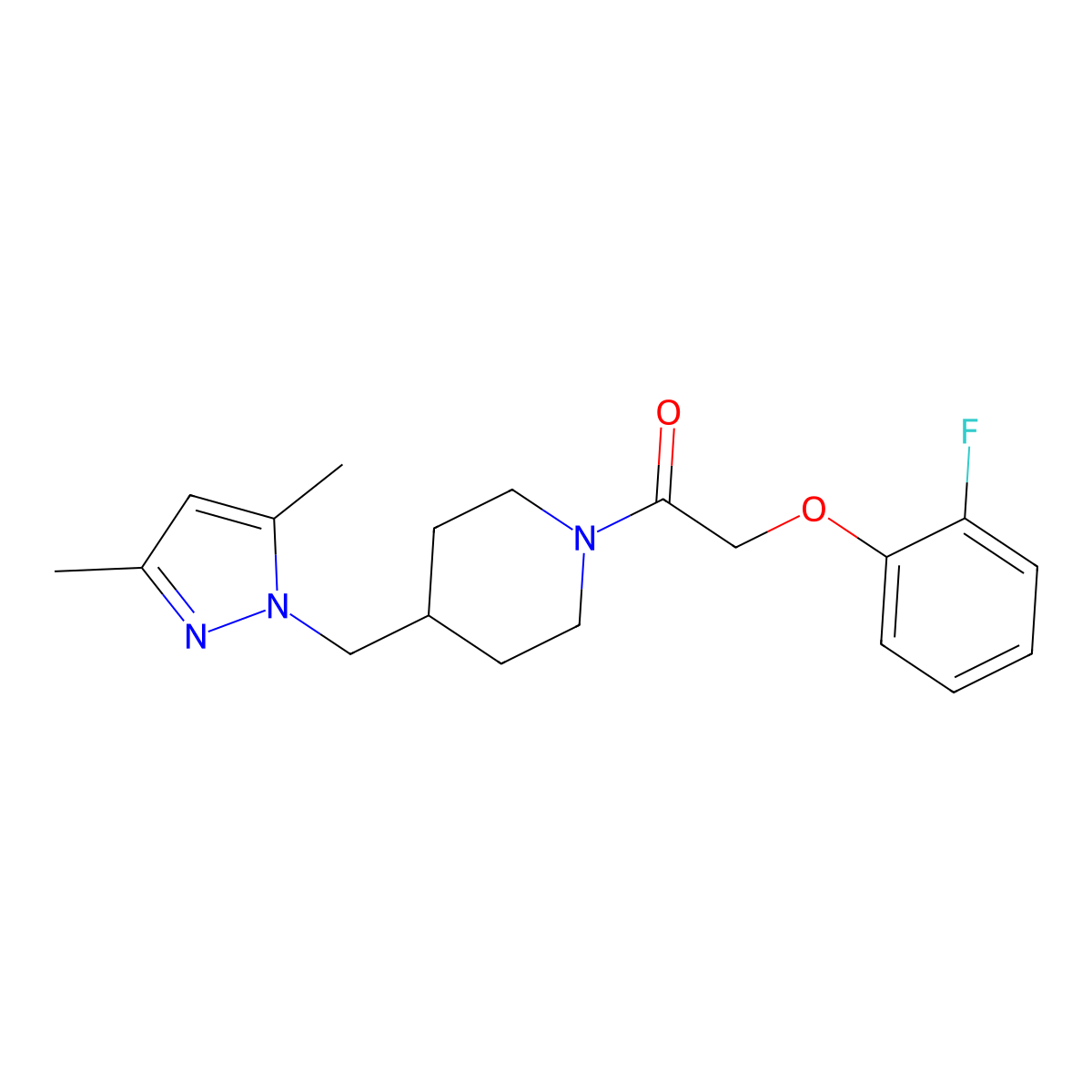 1-(4-((3,5-dimethyl-1H-pyrazol-1-yl)methyl)piperidin-1-yl)-2-(2-fluorophenoxy)ethanone molecular structure, CAS 1286720-27-1