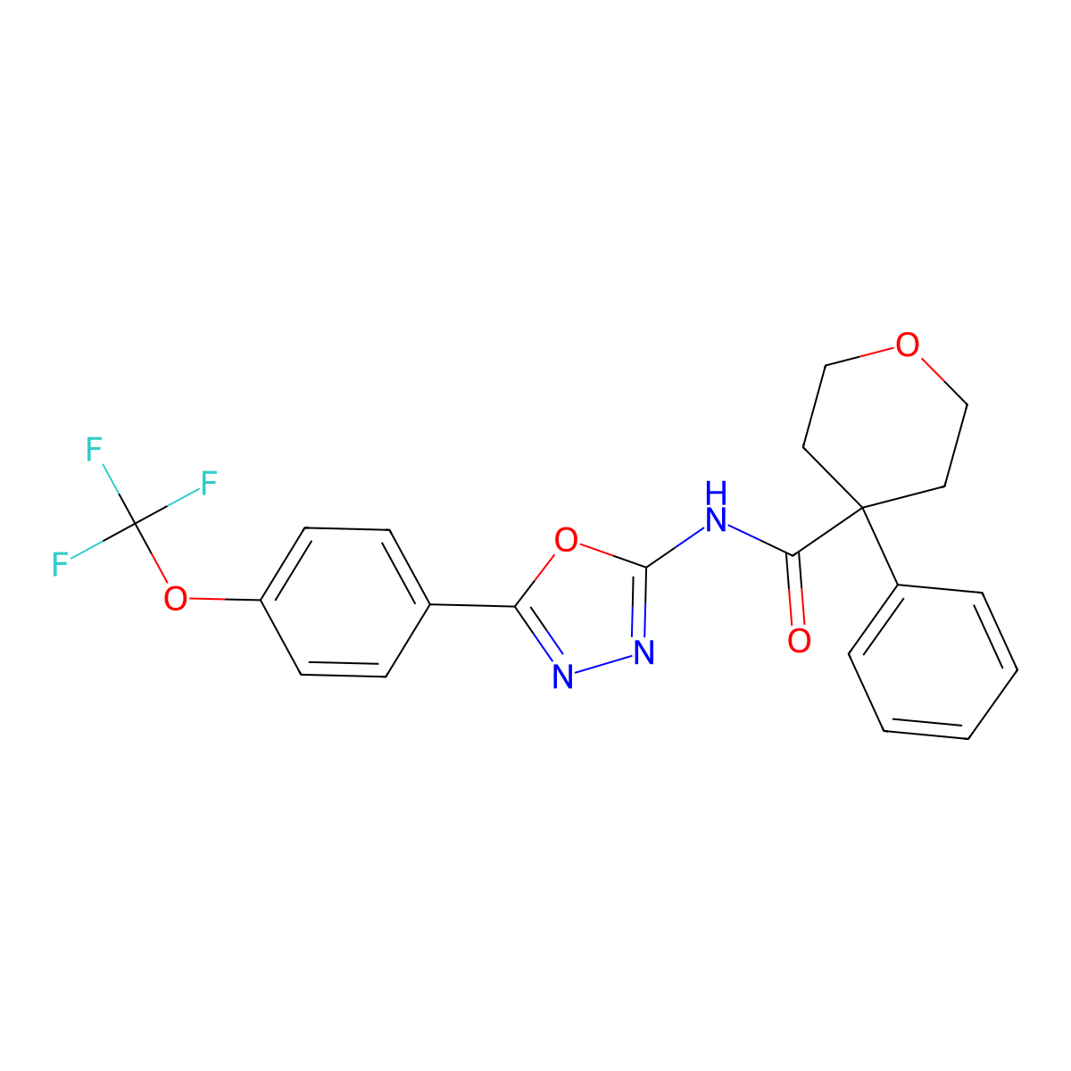 4-phenyl-N-(5-(4-(trifluoromethoxy)phenyl)-1,3,4-oxadiazol-2-yl)tetrahydro-2H-pyran-4-carboxamide molecular structure, CAS 1286720-52-2