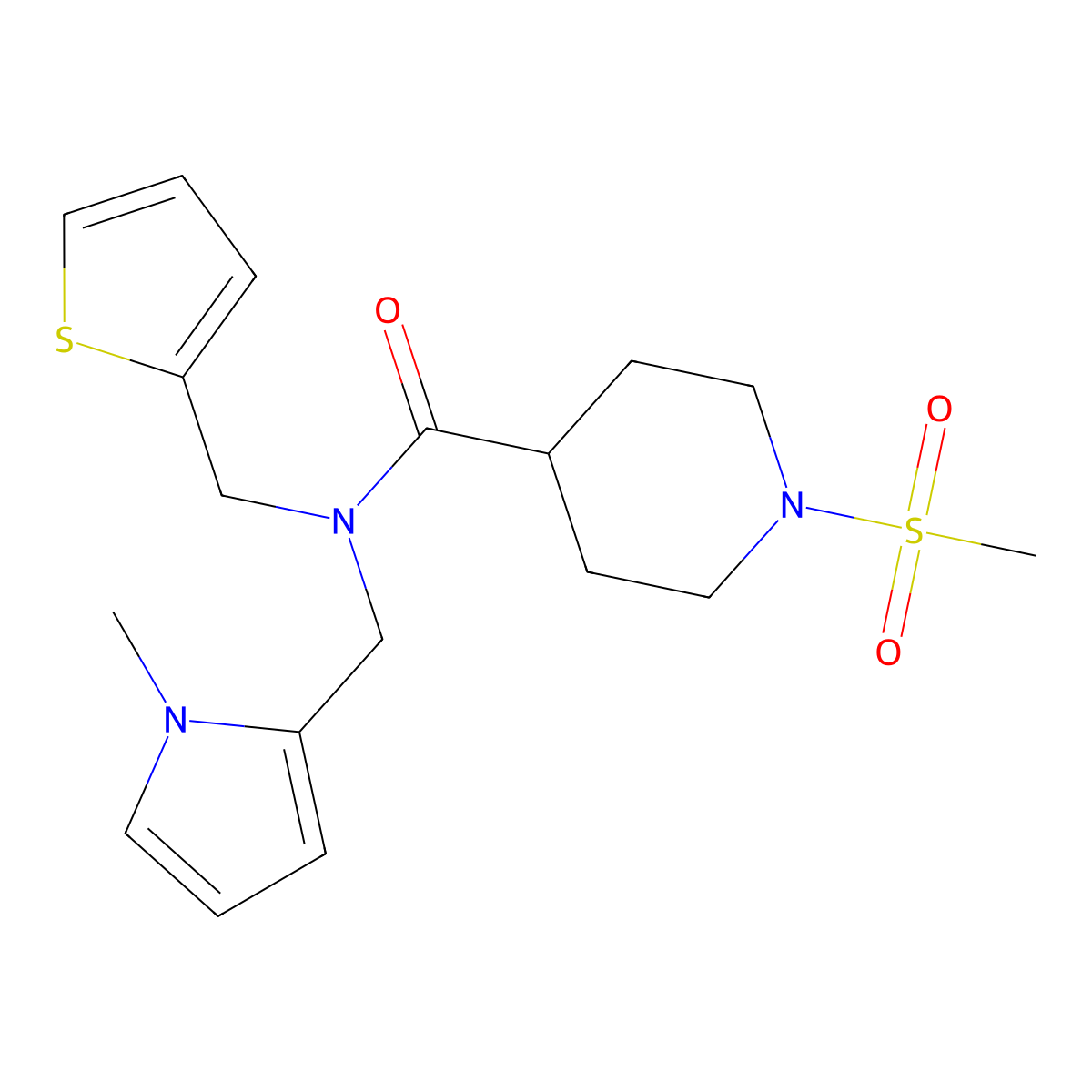 N-((1-methyl-1H-pyrrol-2-yl)methyl)-1-(methylsulfonyl)-N-(thiophen-2-ylmethyl)piperidine-4-carboxamide molecular structure, CAS 1286720-87-3