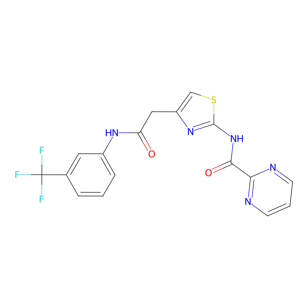 N-(4-(2-oxo-2-((3-(trifluoromethyl)phenyl)amino)ethyl)thiazol-2-yl)pyrimidine-2-carboxamide molecular structure, CAS 1286720-98-6