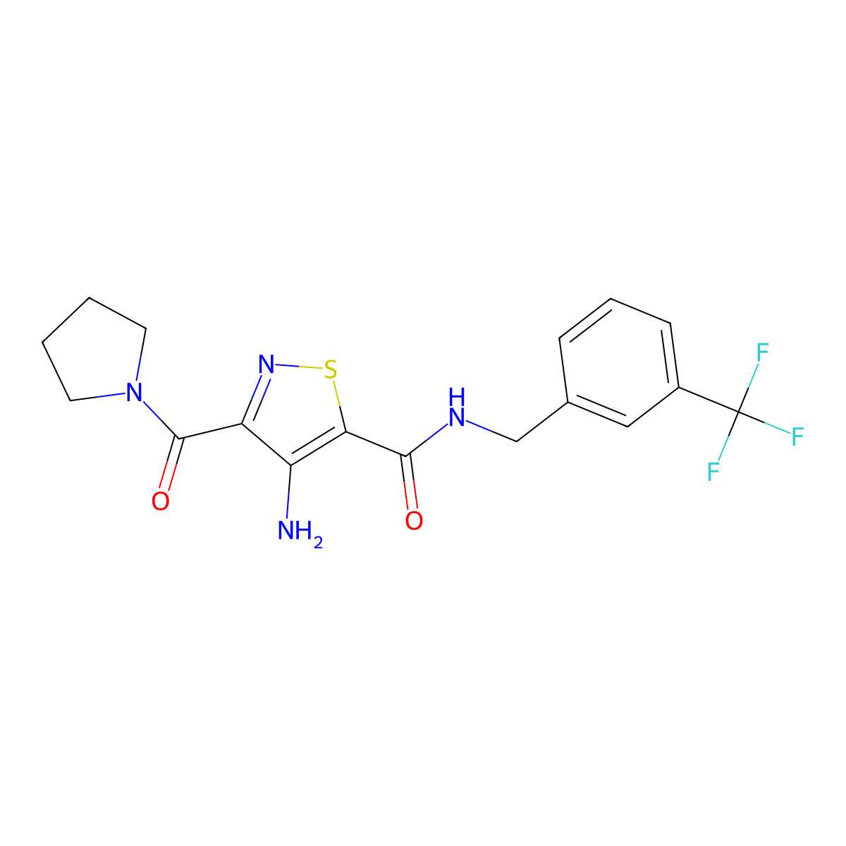 4-amino-3-(pyrrolidine-1-carbonyl)-N-(3-(trifluoromethyl)benzyl)isothiazole-5-carboxamide molecular structure, CAS 1286721-42-3