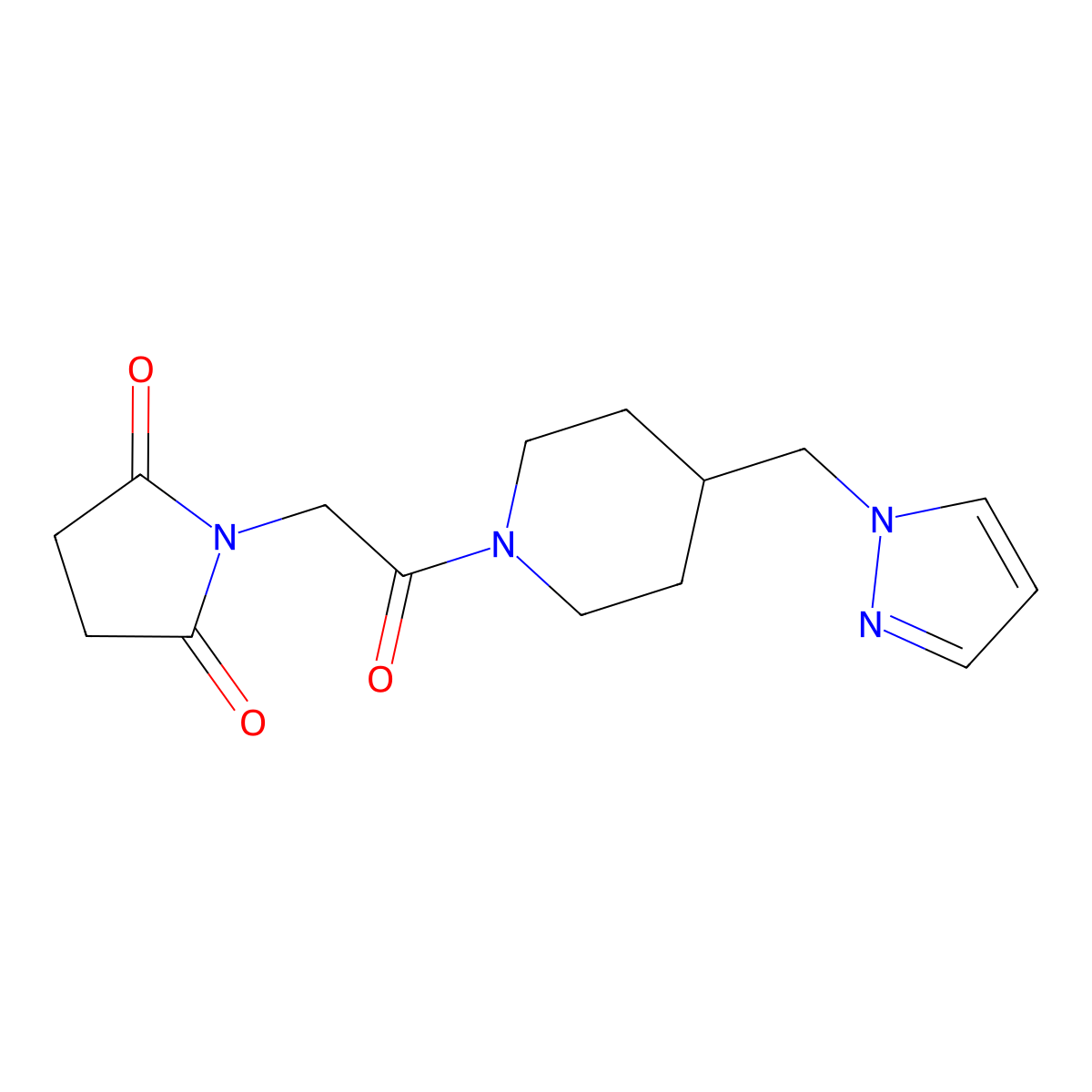 1-(2-(4-((1H-pyrazol-1-yl)methyl)piperidin-1-yl)-2-oxoethyl)pyrrolidine-2,5-dione molecular structure, CAS 1286721-49-0