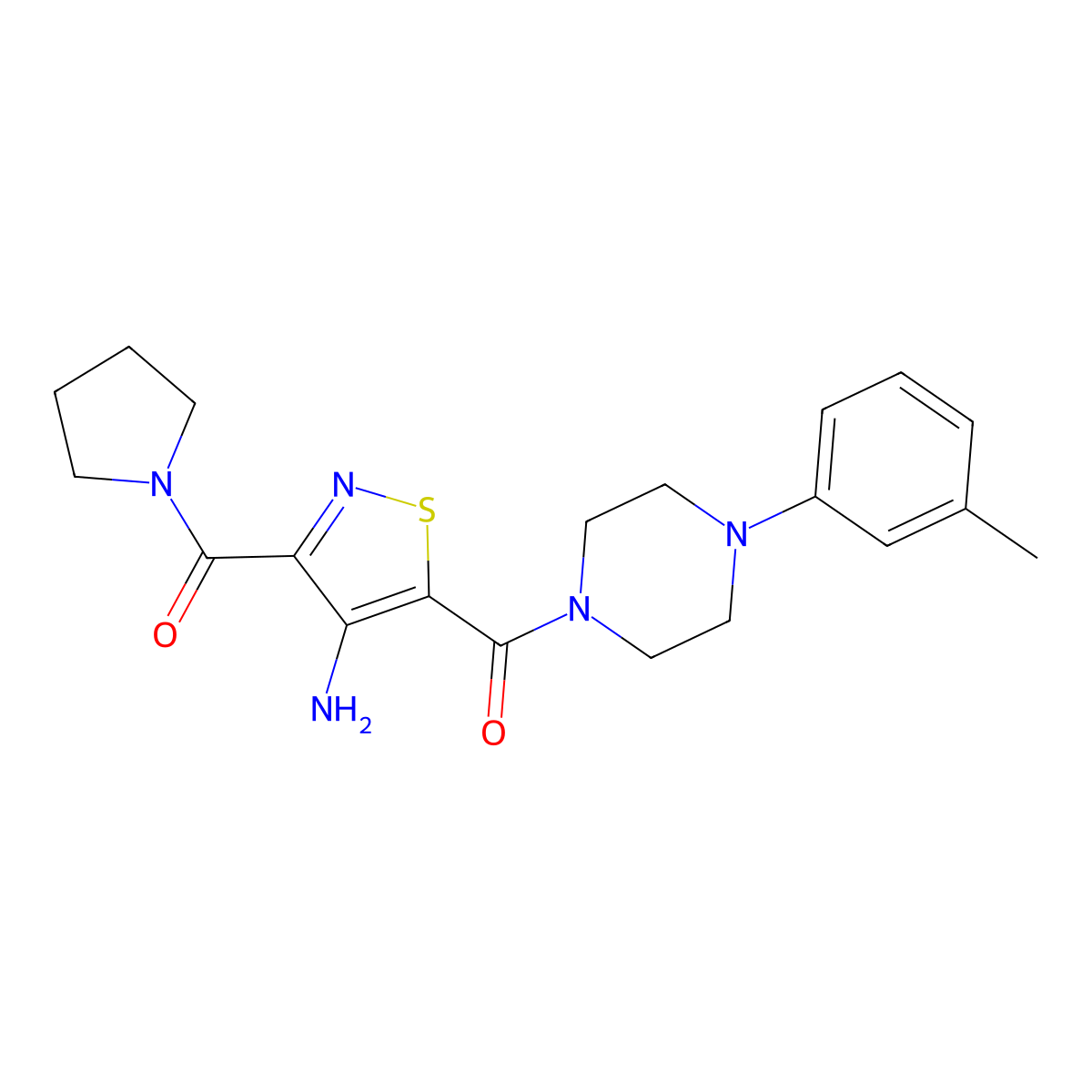 (4-Amino-3-(pyrrolidine-1-carbonyl)isothiazol-5-yl)(4-(m-tolyl)piperazin-1-yl)methanone molecular structure, CAS 1286721-58-1