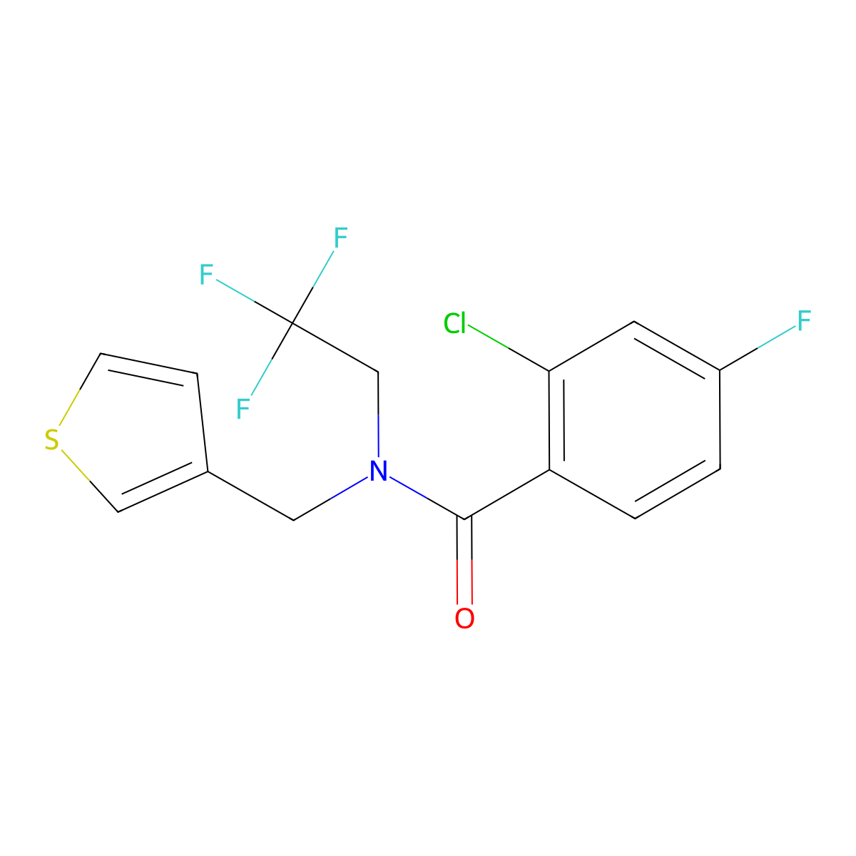 2-chloro-4-fluoro-N-(thiophen-3-ylmethyl)-N-(2,2,2-trifluoroethyl)benzamide molecular structure, CAS 1286721-61-6