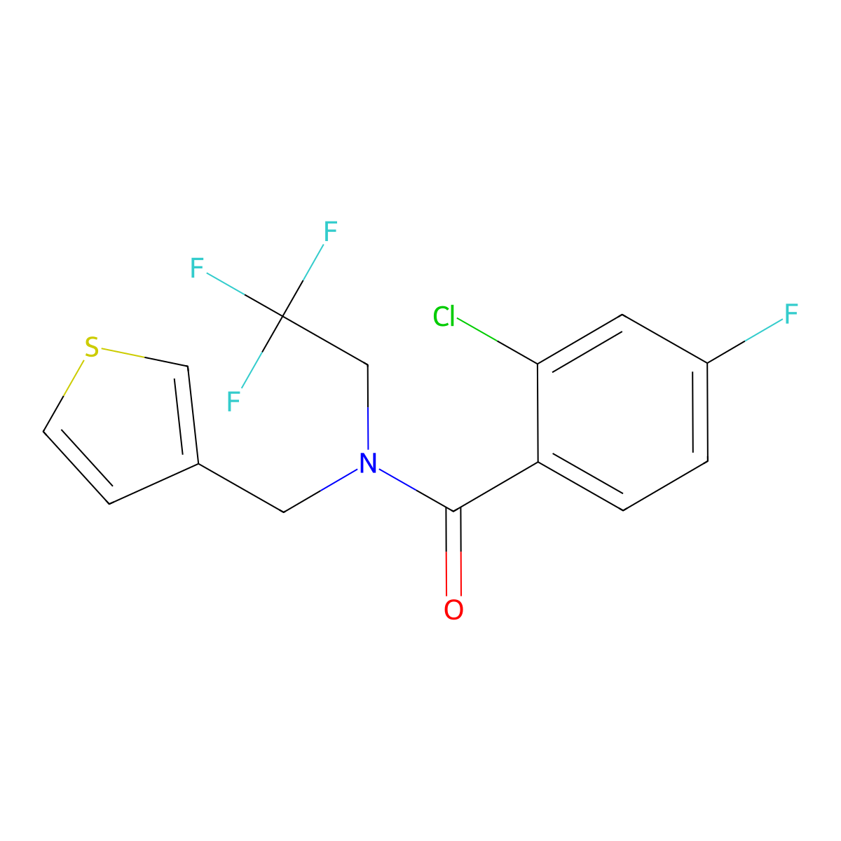 2-chloro-4-fluoro-N-(thiophen-3-ylmethyl)-N-(2,2,2-trifluoroethyl)benzamide molecular structure, CAS 1286721-61-6