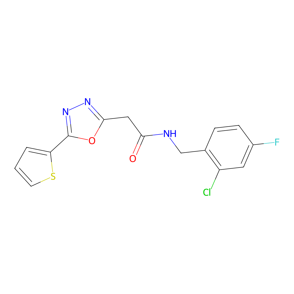 N-[(2-chloro-4-fluorophenyl)methyl]-2-[5-(thiophen-2-yl)-1,3,4-oxadiazol-2-yl]acetamide molecular structure, CAS 1286721-75-2