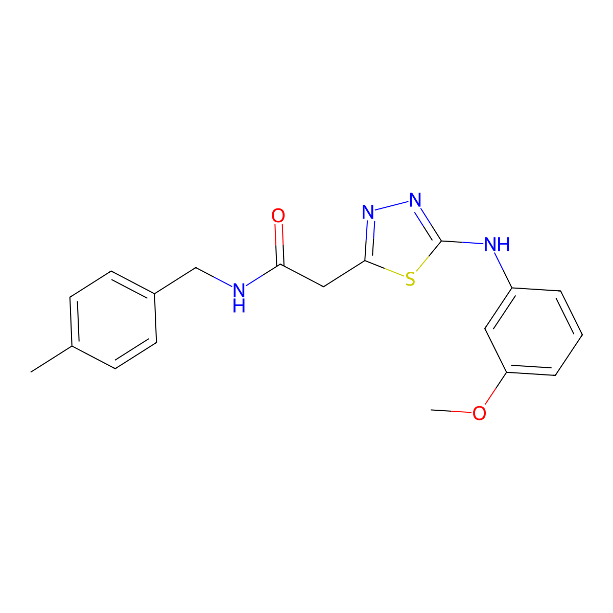 2-(5-((3-methoxyphenyl)amino)-1,3,4-thiadiazol-2-yl)-N-(4-methylbenzyl)acetamide molecular structure, CAS 1286721-95-6