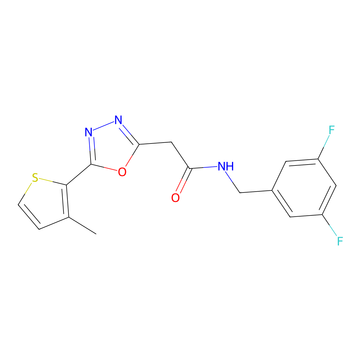 N-[(3,5-difluorophenyl)methyl]-2-[5-(3-methylthiophen-2-yl)-1,3,4-oxadiazol-2-yl]acetamide molecular structure, CAS 1286722-23-3
