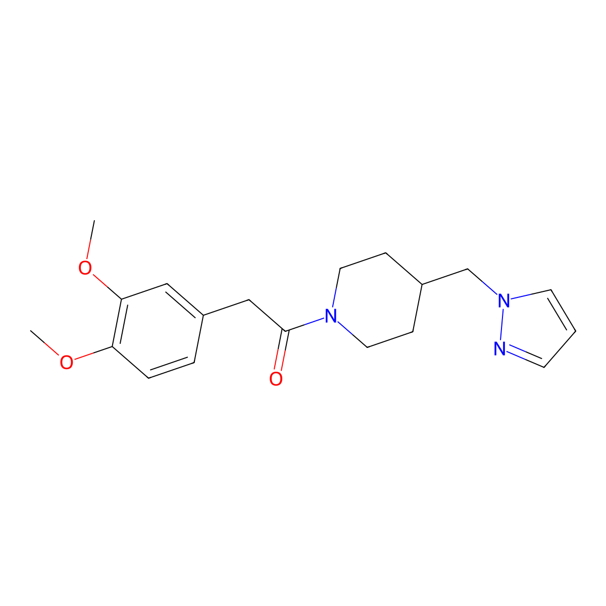 1-(4-((1H-pyrazol-1-yl)methyl)piperidin-1-yl)-2-(3,4-dimethoxyphenyl)ethanone molecular structure, CAS 1286722-45-9