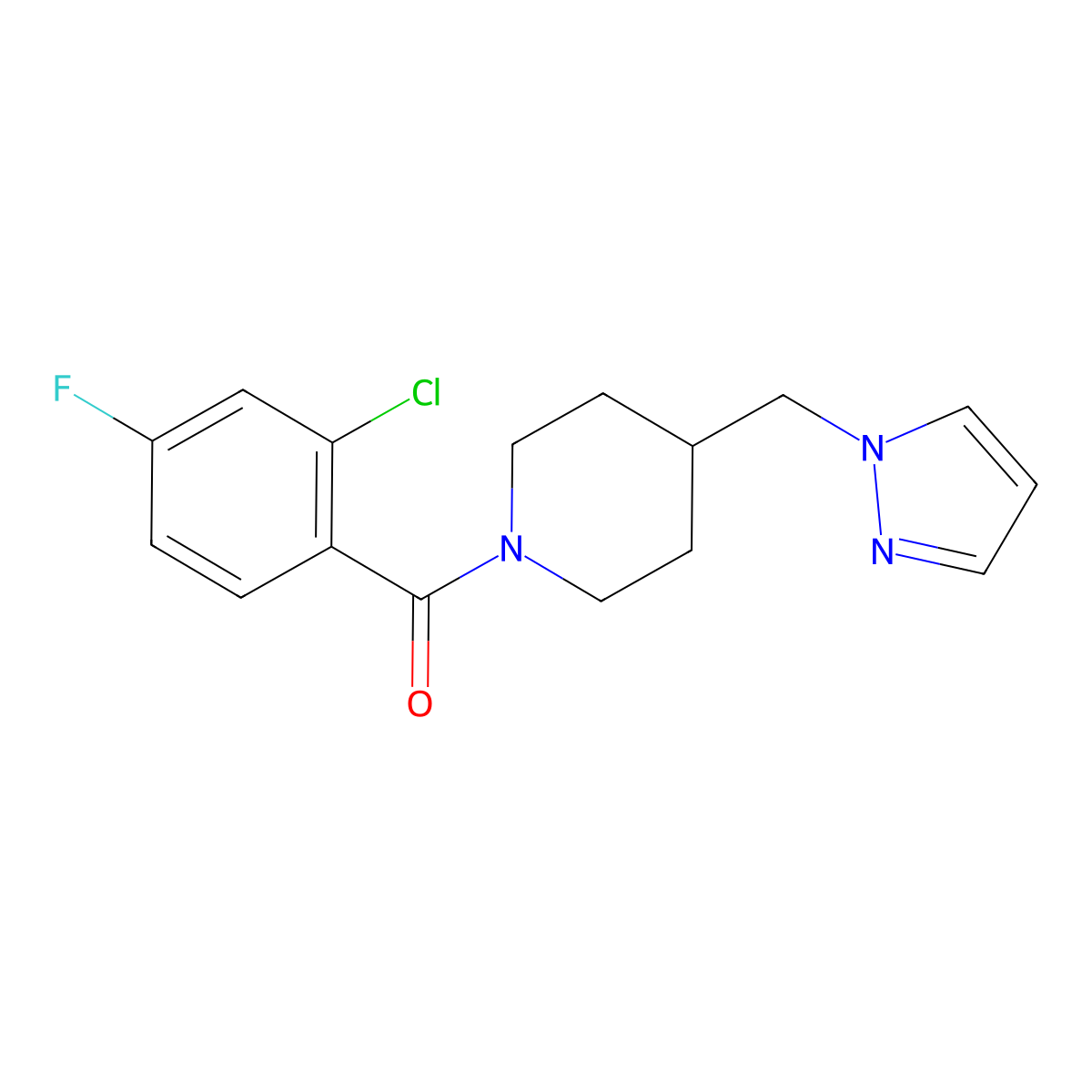 (4-((1H-pyrazol-1-yl)methyl)piperidin-1-yl)(2-chloro-4-fluorophenyl)methanone molecular structure, CAS 1286722-56-2