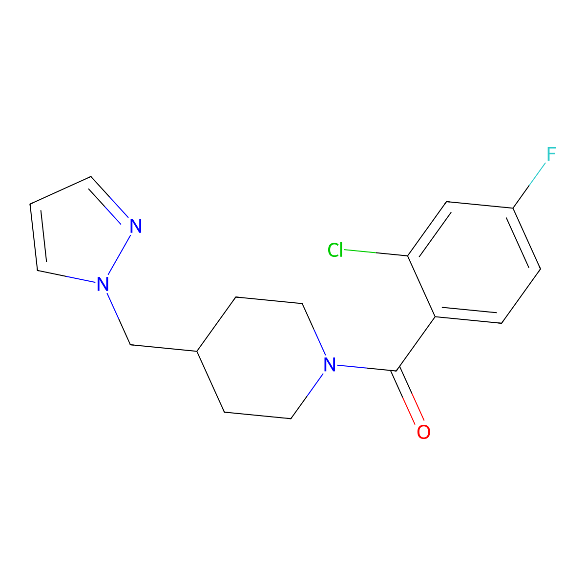 (4-((1H-pyrazol-1-yl)methyl)piperidin-1-yl)(2-chloro-4-fluorophenyl)methanone molecular structure, CAS 1286722-56-2