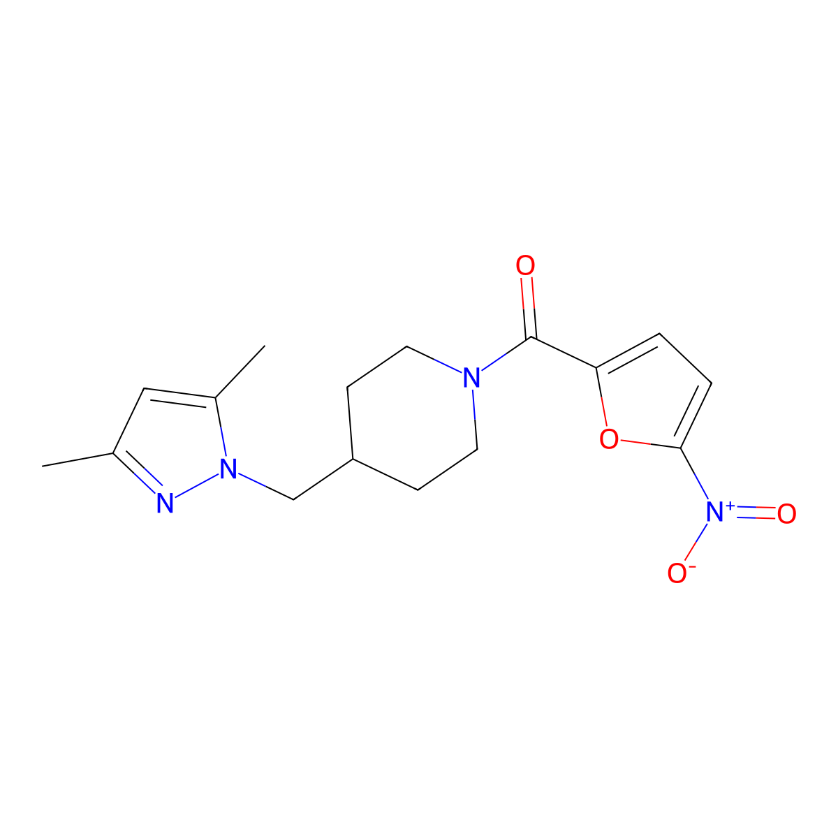 (4-((3,5-dimethyl-1H-pyrazol-1-yl)methyl)piperidin-1-yl)(5-nitrofuran-2-yl)methanone molecular structure, CAS 1286724-17-1