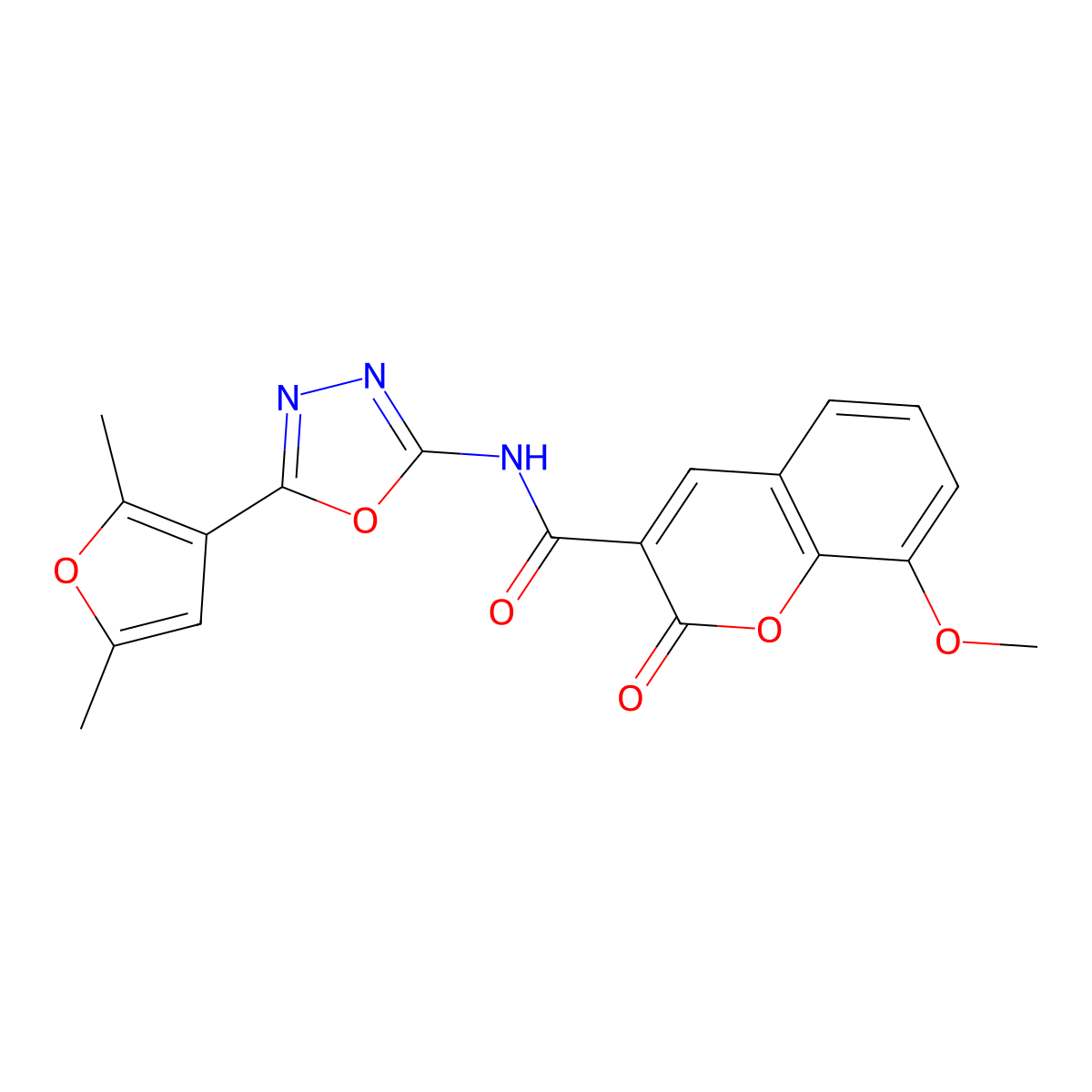 N-[5-(2,5-dimethylfuran-3-yl)-1,3,4-oxadiazol-2-yl]-8-methoxy-2-oxo-2H-chromene-3-carboxamide molecular structure, CAS 1286724-24-0