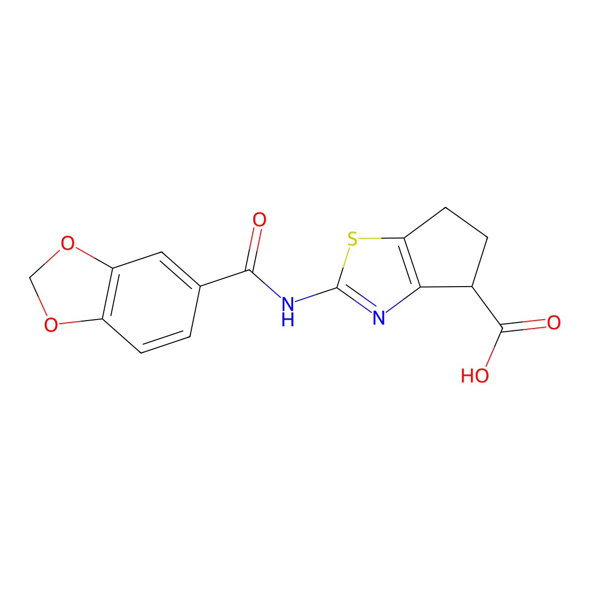 2-(benzo[d][1,3]dioxole-5-carboxamido)-5,6-dihydro-4H-cyclopenta[d]thiazole-4-carboxylic acid molecular structure, CAS 1286724-28-4