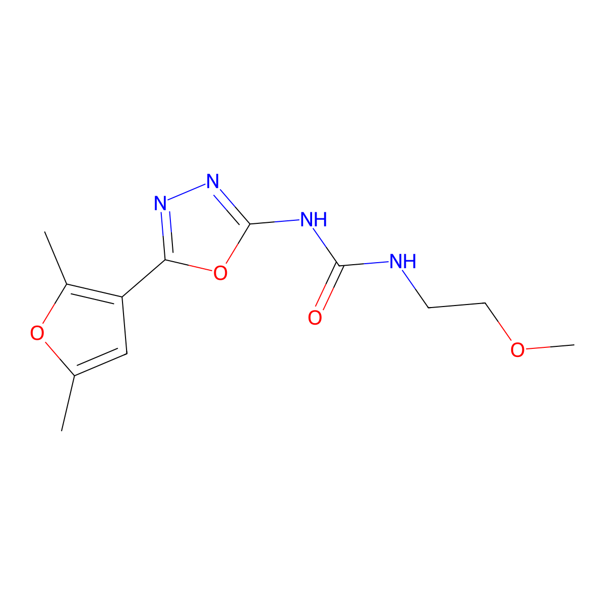1-[5-(2,5-Dimethylfuran-3-yl)-1,3,4-oxadiazol-2-yl]-3-(2-methoxyethyl)urea molecular structure, CAS 1286724-33-1